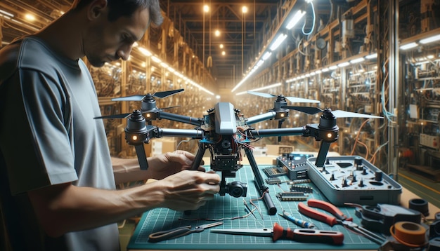 Mans hands repairing Collecting Parts a drone on the factory interior New technologies