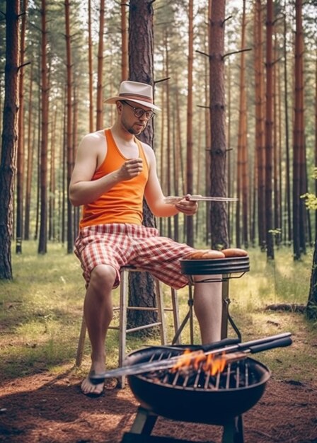 Mans hands setting fire at barbecue with firewoods by gas burner on the back yard Pi Generative AI