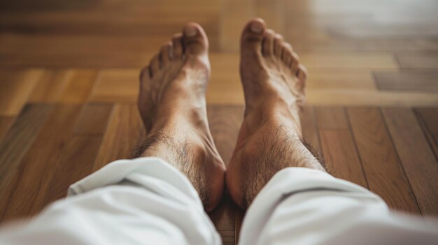 a mans legs are on a wooden floor and the floor is wearing white shorts