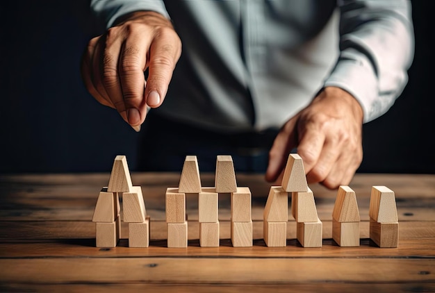 mans pointing wooden cubes with an arrow up to the table in the style of multilayered surfaces