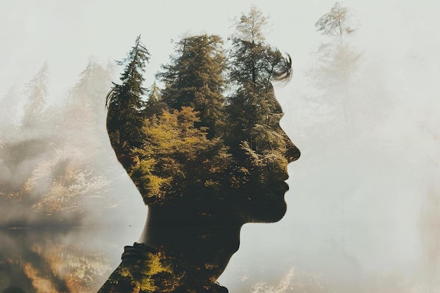 a mans profile with trees in the background