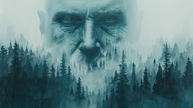 A mans weathered face blended with a foggy dense pine forest