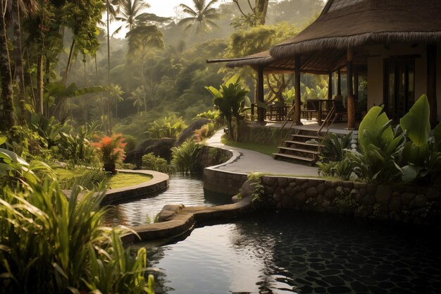 Photo a mansion surrounded by lush jungles in the style of romantic riverscapes ai generated