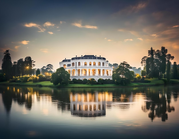 a mansion with large windows at the top of it is reflected in the water