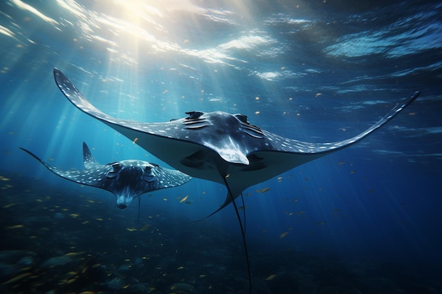 Manta rays gliding in the water