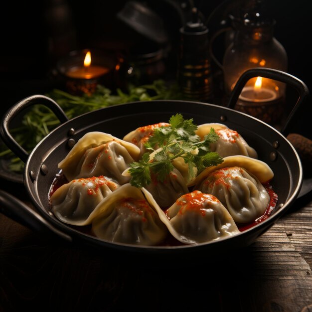 Foto manti dumplings gevuld met gekruid vlees en geserveerd met yoghurt en een tomat gourmet