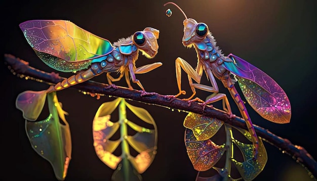 A mantis and a mantis are on a branch.