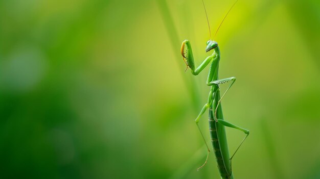 Photo a mantis nymph delicately perched on a blade of grass its tiny form barely visible against the green backdrop