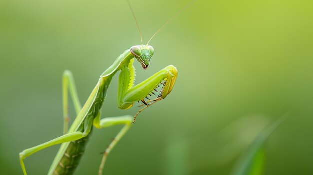 A mantis nymph delicately perched on a blade of grass its tiny form barely visible against the green backdrop