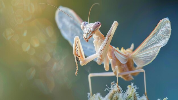 Photo a mantis nymph emerging from its cocoon unfolding its delicate wings in preparation for its first flight