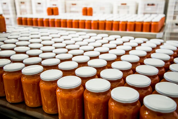 Manufacture of tomato sauce, several glass jars with tomato sauce.