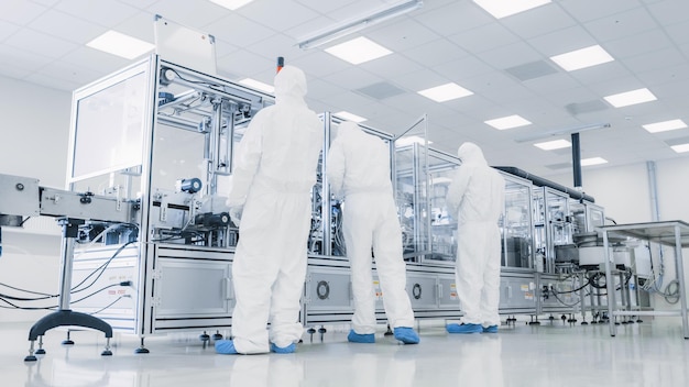 製造工場で科学者のチームがステリルな保護カバーを着てプログラムを設定します 現代的な産業用3Dプリンター 高精度半導体の製造プロセス
