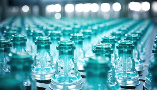 manufacturing facility with a line of bottles in rows in the style of tiltshift lenses