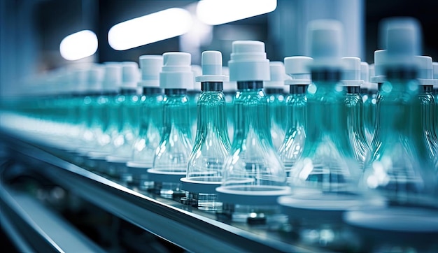 manufacturing facility with a line of bottles in rows in the style of tiltshift lenses