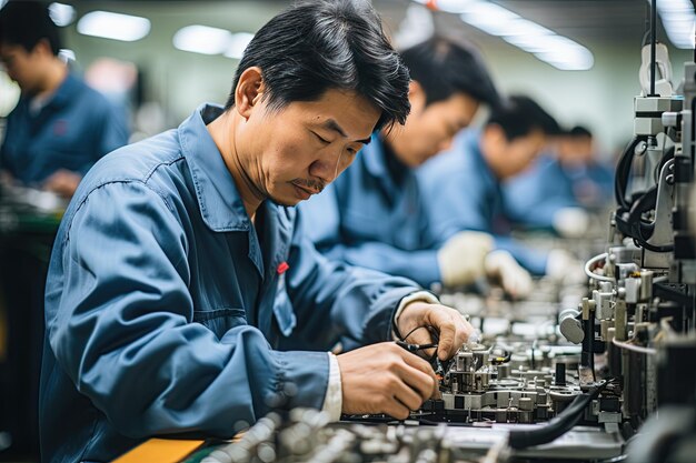 manufacturing process in a Chinese modern factory, including assembly lines, quality control, Generated with AI