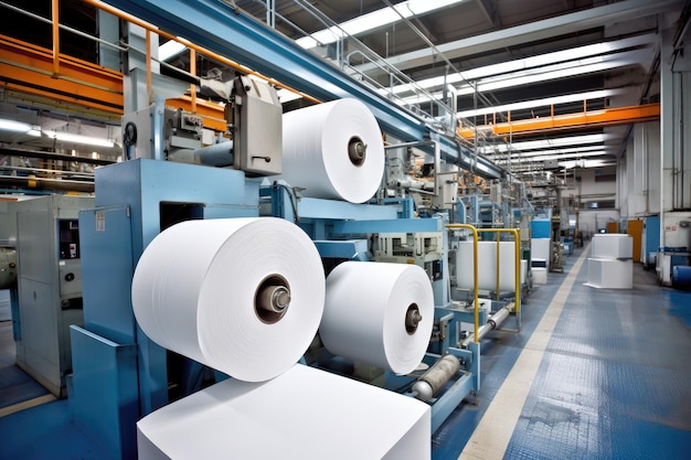 The manufacturing process of toilet paper takes place in a factory where a machine is used to produ