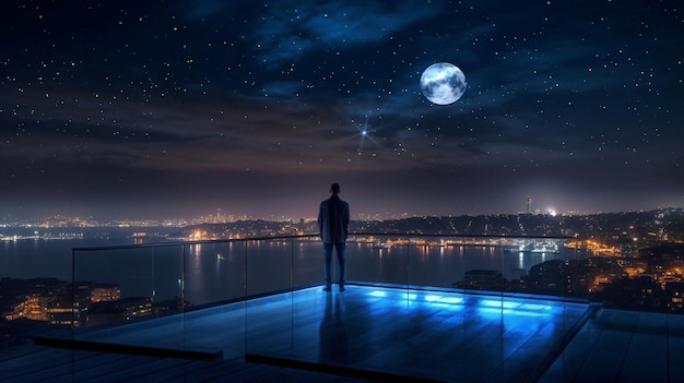 manwomanchildren standing on roof terrace and watch starry sky and moon and city blurred light