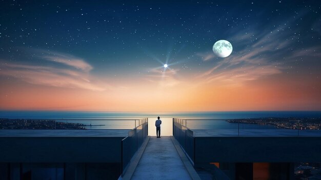 男性女性子供たちが屋上のテラスに立って、星空と月と街のぼやけた光を見る