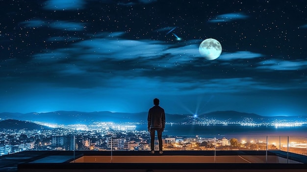 Manwomanchildren standing on roof terrace and watch starry sky and moon and city blurred light