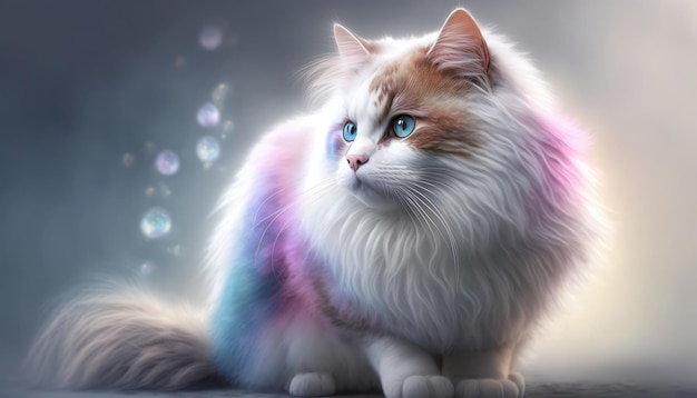 Manx Cat Medium Shot White Pink Blue Magical Fantasy Bokeh Generative AI