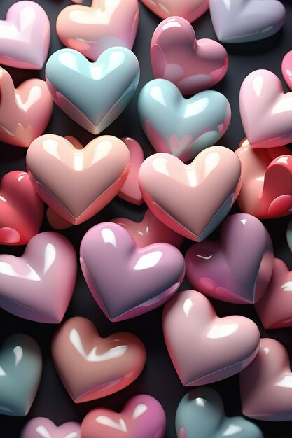 Many 3d hearts on a dark background pastel colors vertical composition