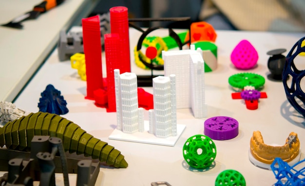 Many abstract models printed by 3d printer closeup