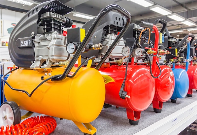 many air compressors pressure pumps closeup photo