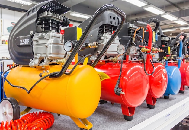 Many air compressors pressure pumps closeup photo