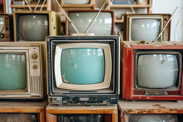 Photo many antique televisions with rabbit ear antennas tv retro pattern background