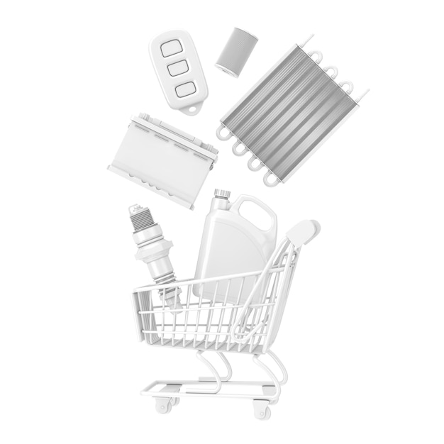 Many Automobile Spares Falling in Shopping Cart in Clay Style on a white background. 3d Rendering