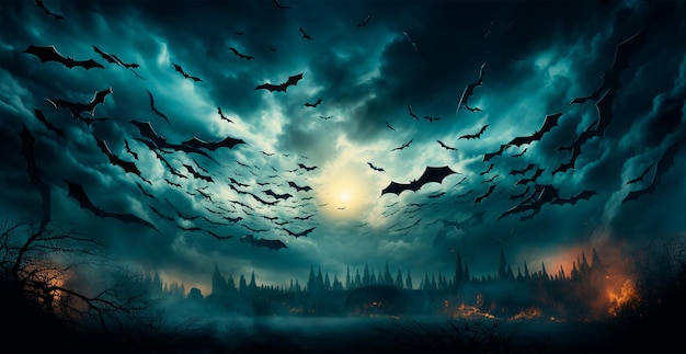 Many bats flying in the dark night festive night of the dead halloween AI generated image