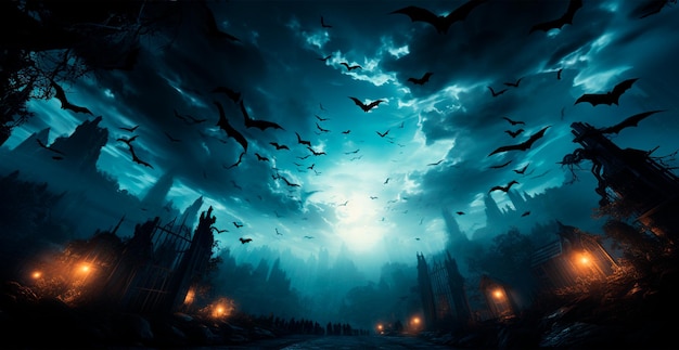 Many bats flying in the dark night festive night of the dead halloween AI generated image