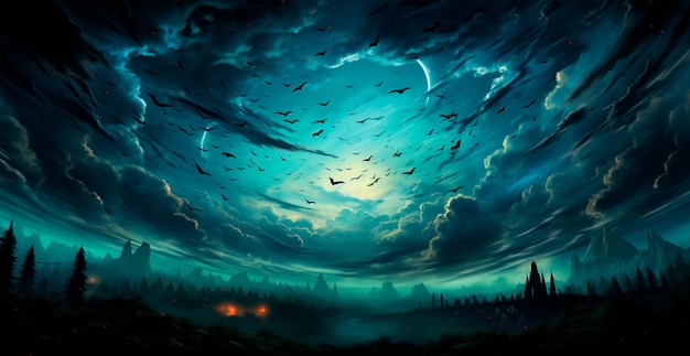 闇夜に飛ぶたくさんのコウモリ 死者のお祭りの夜 ハロウィーンAI生成画像
