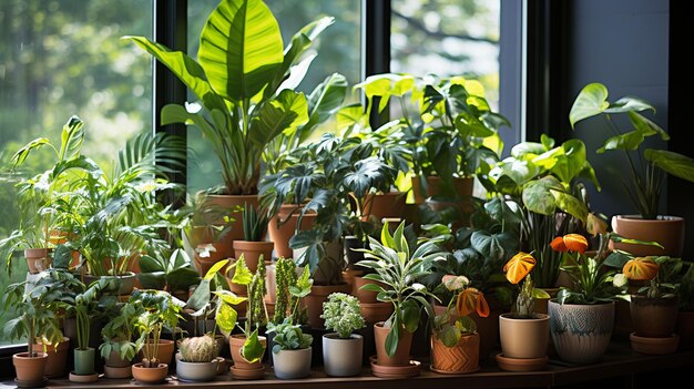 Многие красивые комнатные растения в горшках возле окна в помещении