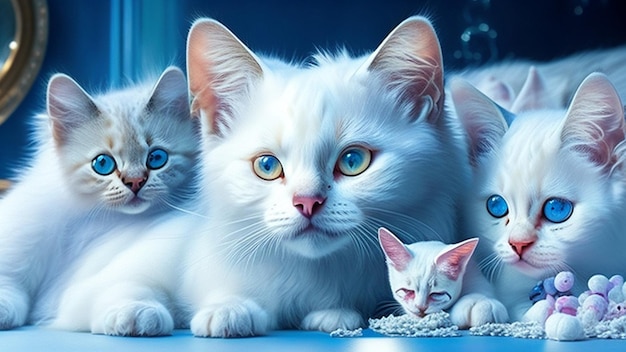 Many beautiful white cats are lying down AI generated art