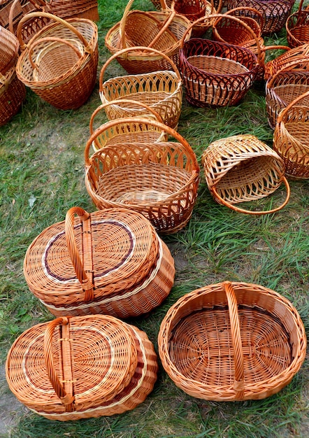 Many beautiful wicker baskets street market