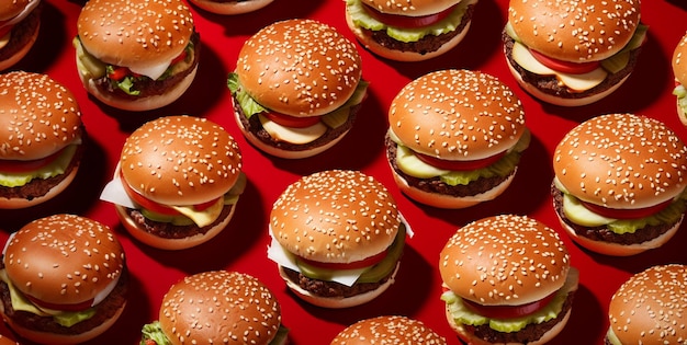 Many beef burgers cheeseburgers with vegetables and sauce pattern on red backgroundAI Generative