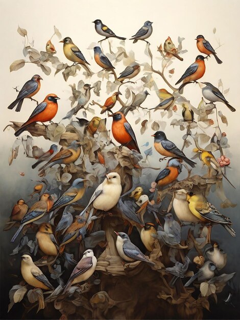 Foto molti uccelli sono seduti su un ramo di un albero