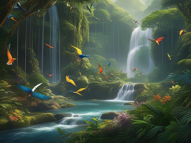 a many birds flying around a waterfall in the jungle