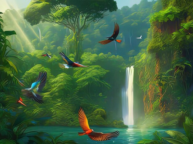 a many birds flying over a waterfall in the jungle