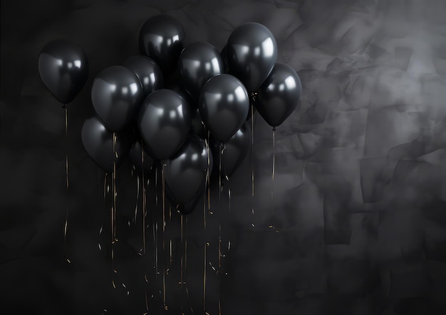 Foto molti palloncini neri vicino al vecchio muro scuro design banner black friday