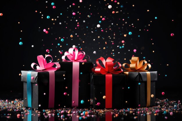many black gift boxes with a colorful bow on festive dark background with confetti