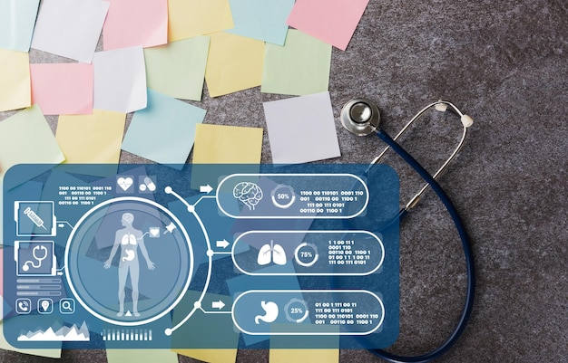 many blank paper stick note list with doctor stethoscope