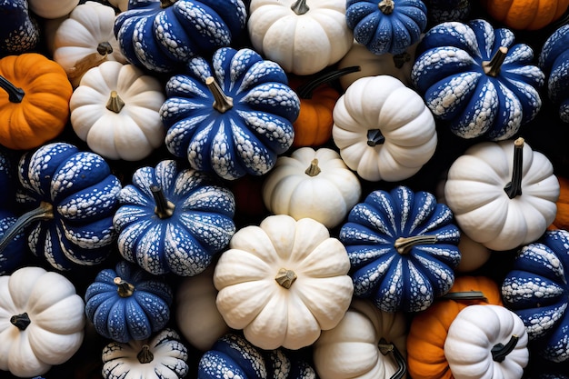 Many blue paint pumpkins are arranged together