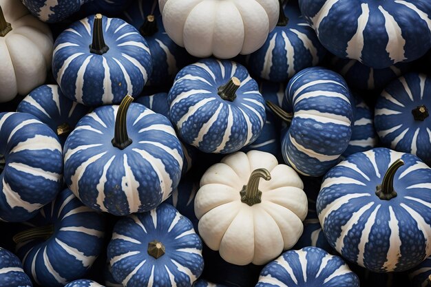 Photo many blue paint pumpkins are arranged together