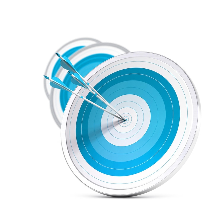 Photo many blue targets and three arrows reaching the center of the first one, image with blur effect, square format.  strategic marketing or business competitive advantage concept.