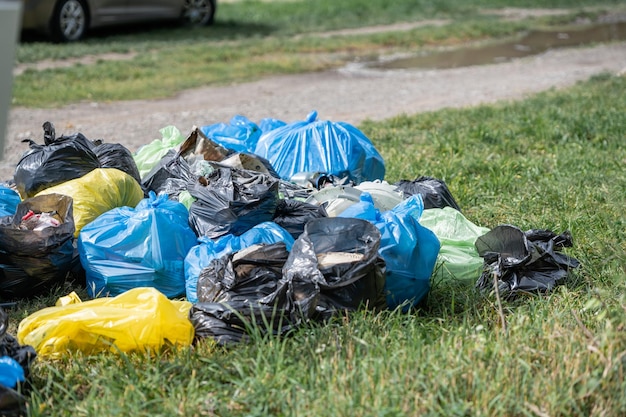 Many blue and yellow bags with repeated garbage garbage\
collection in nature in ukraine