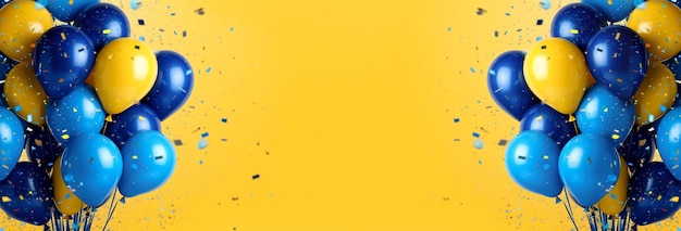 Photo many blue and yellow balloons on a festive yellow background place for text banner