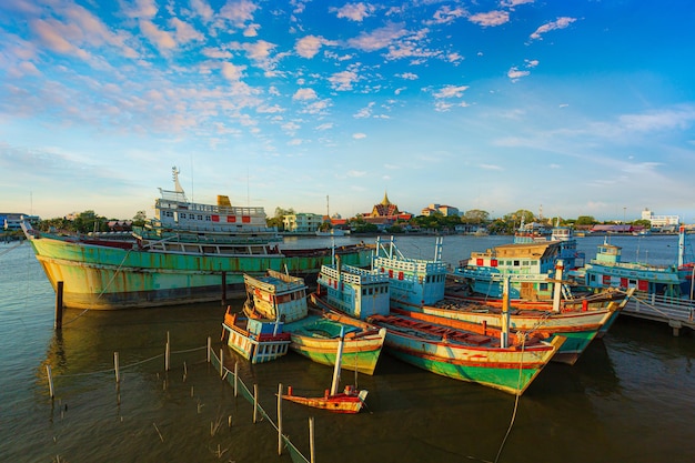 Many boats moored in sunrise morning time at Chalong port Main port for travel ship to krabi and ph