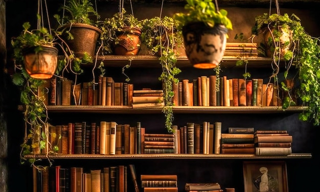 Many books are hanging on shelves with plant on top